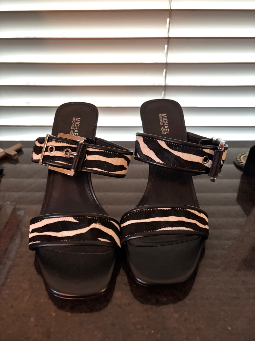 Michael Kors Black and White Zebra-Print Buckle Slide Heels